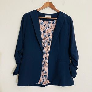 Skies are Blue Ruched Sleeve Open Front Blazer Jacket Size Large Pink/Blue